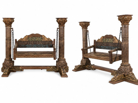 Hand-Carved Pillar Swing with Antique Finish