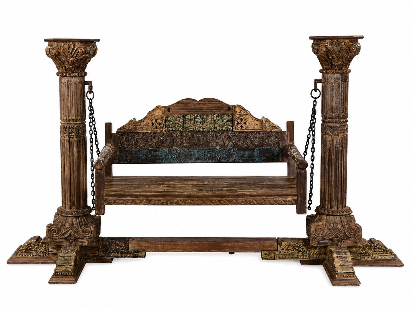 Hand-Carved Pillar Swing with Antique Finish