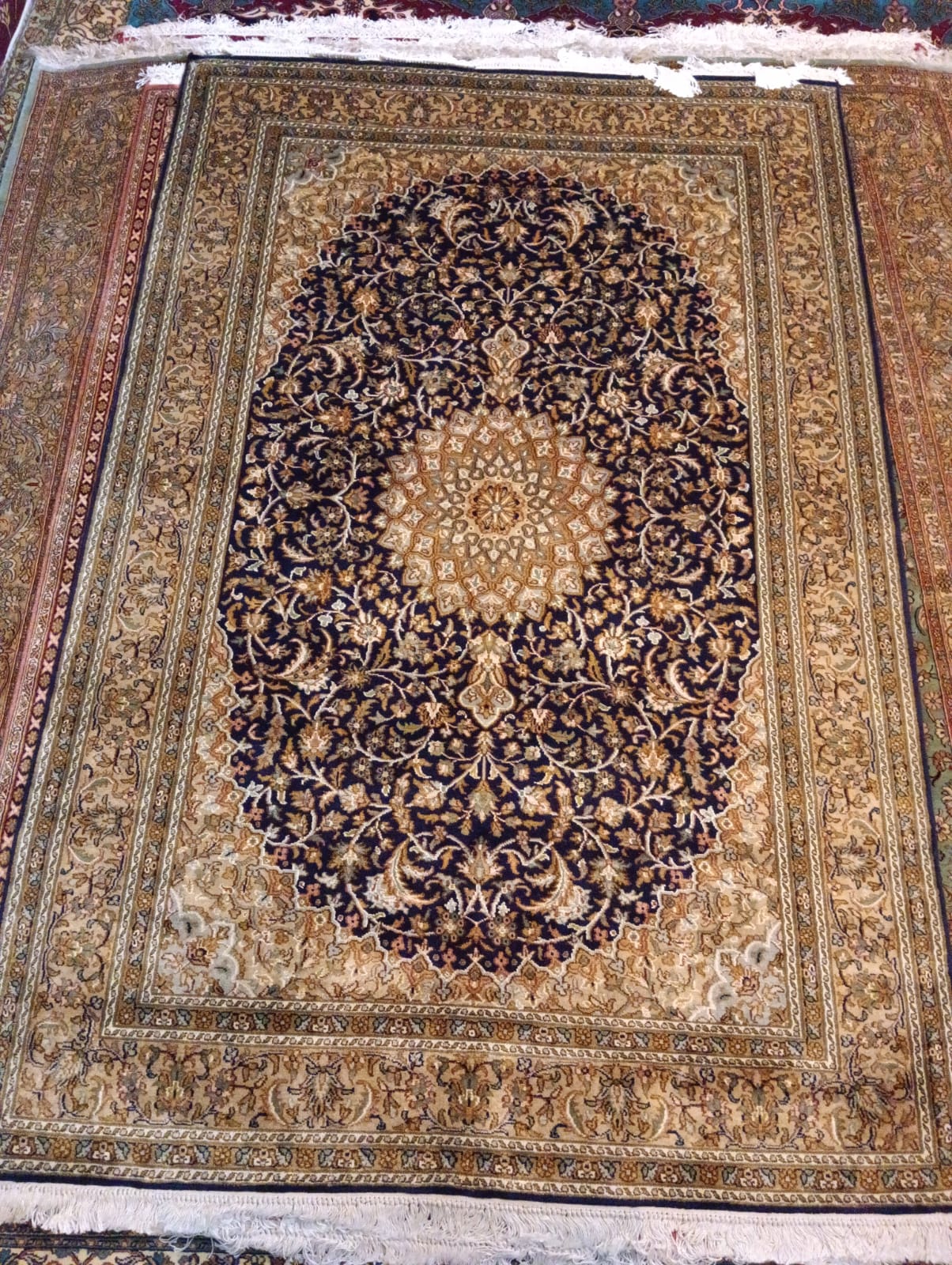 Hand-Knotted Kashmiri Silk & Wool Rug (navy-blue)