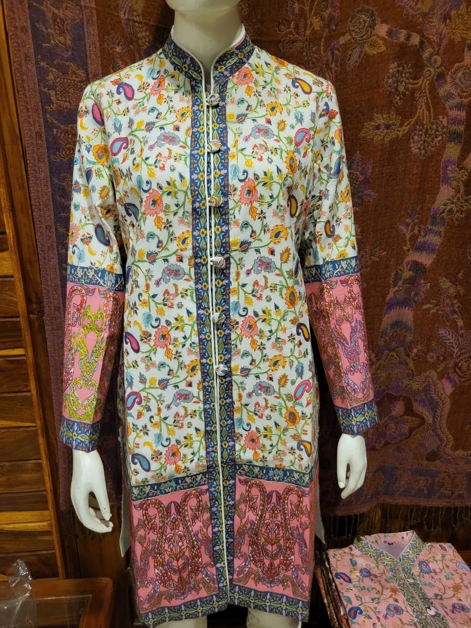 Jamawar-Inspired Printed Long Coat – Machine Made